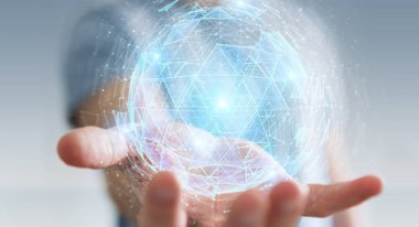 İşadamı dijital üçgen küre hologram 3d render patlayan kullanarak arka plan bulanık üzerinde