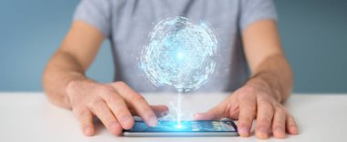 İşadamı dijital üçgen küre hologram 3d render patlayan kullanarak arka plan bulanık üzerinde
