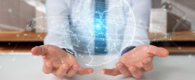 İşadamı üzerinde küre ağ hologram Amerika ABD harita 3d render ile kullanarak arka plan bulanık