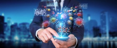 Bakterilerin mikroskobik yakın çekim ile cep telefonu 3d render analiz işadamı