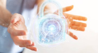 Arka plan bulanık 3d render üzerinde işadamı tarafından kullanılan web güvenlik koruma arayüzü