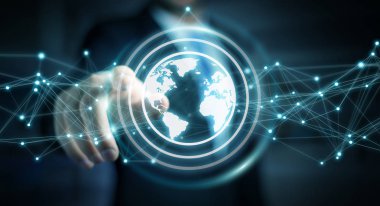 Planet earth ağ küre arabirimi 3d rendering kullanarak arka plan bulanık üzerinde işadamı