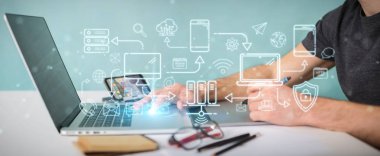 Teknik cihazlar ve simgeler ince çizgi arabirimini kullanarak arka plan bulanık üzerinde grafik tasarımcı