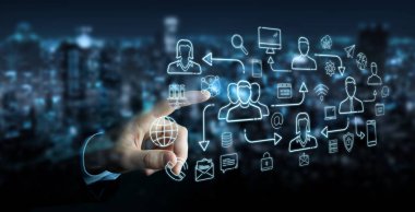 İnce çizgi sosyal ağ simgeleri arabirimini kullanarak arka plan bulanık üzerinde işadamı