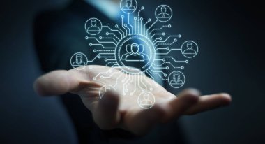 İnce çizgi sosyal ağ simgeleri arabirimini kullanarak arka plan bulanık üzerinde işadamı