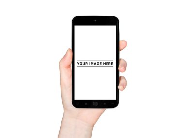 Modern smartphone 3d render beyaz arka plan üzerinde tutan izole kadın el