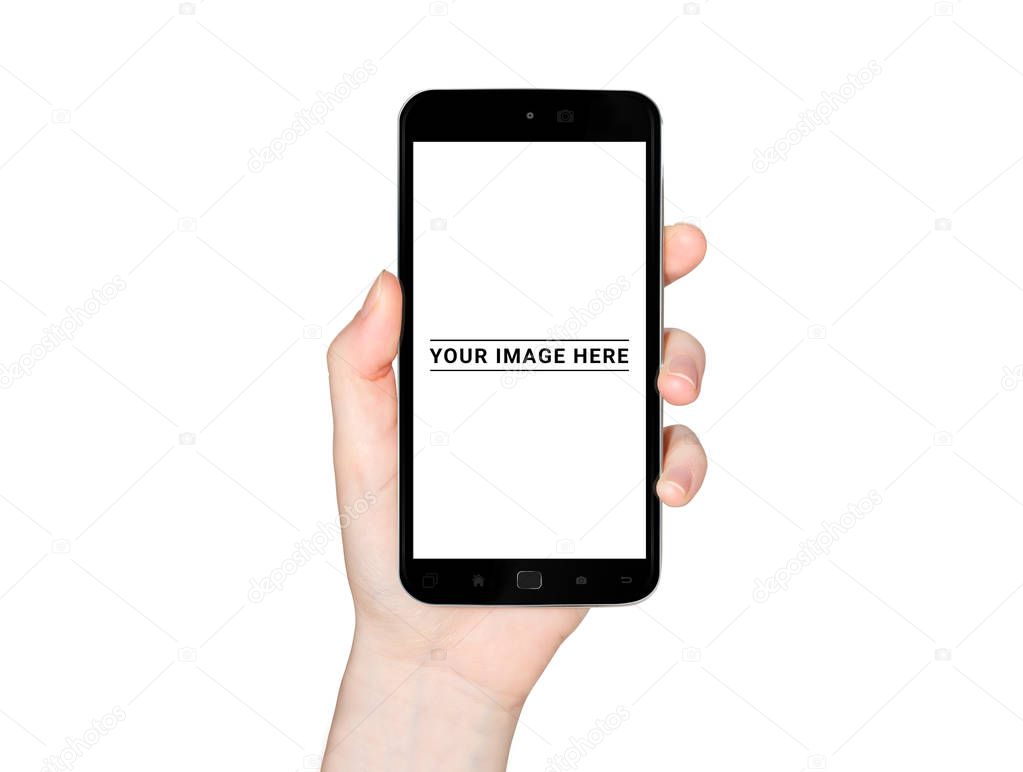 Isolated woman hand holding modern smartphone on white background 3d rendering