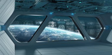 Mavi uzay gemisi iç denetim masası ekranlar 3d render ile uzayda