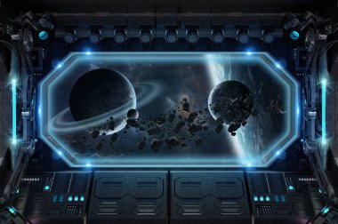 Karanlık uzay gemisi iç alanı 3d render büyük pencere manzaralı