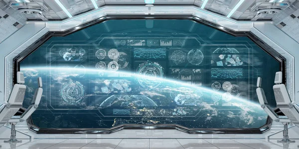 White spaceship interior in space with control panel digital screens 3D rendering