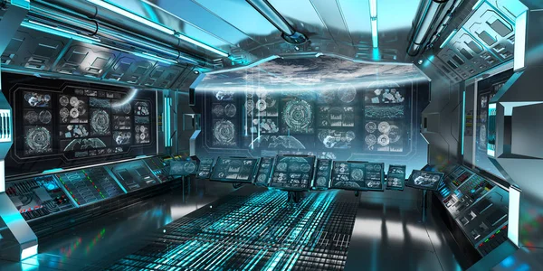 Blue spaceship interior in space with control panel screens 3D rendering