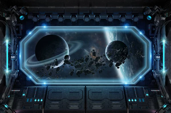 Karanlık uzay gemisi iç alanı 3d render büyük pencere manzaralı
