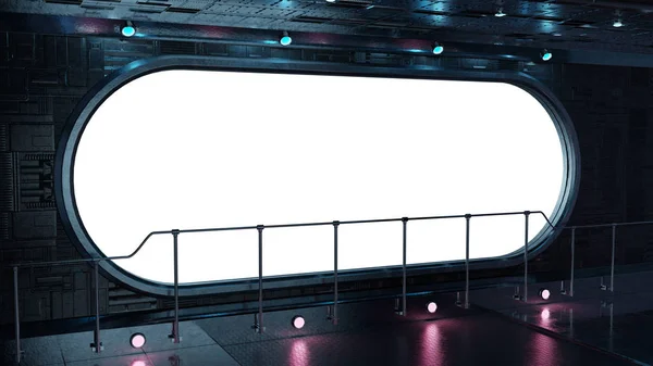 Black tech spaceship round window interior with white background 3D rendering
