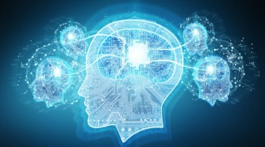 Artificial intelligence digital brain on blue background 3D rendering clipart