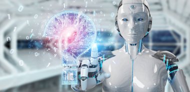 Cyborg bulanık arka plan dijital soru işaretleri 3d render ile sorun çözme