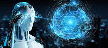 Dijital üçgen küre hologram 3d render patlayan kullanarak arka plan bulanık beyaz robot