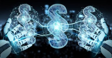 Cyborg Yargıç 3d işleme dijital paragraf hukuk simgesini kullanarak arka plan bulanık üzerinde