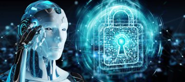 Beyaz adam robot üzerinde bulanık arka plan dijital veriler 3B oluşturmayı güvenliğini sağlama