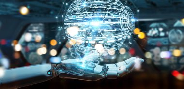 Beyaz robot el bulanık arka plan dijital dünya hud arabirimi 3d işleme kullanarak