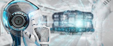 Planet Earth arabirimi 3d rendering kullanarak bulanık arka plan üzerinde beyaz kadın cyborg