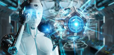 Beyaz kadın dron güvenlik kamera 3B oluşturmayı kullanarak arka plan bulanık üzerinde insansı