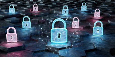 Siyah mavi ve pembe soyut asma kilit simgesine altıgenler arka plan 3d render