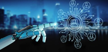 Sosyal ağ simgeleri arabirimi denetleme bulanık arka plan üzerinde beyaz robot