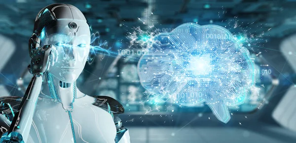 Робот Размытом Фоне Создающий Искусственный Интеллект Цифровом Рендеринге Мозга — стоковое фото