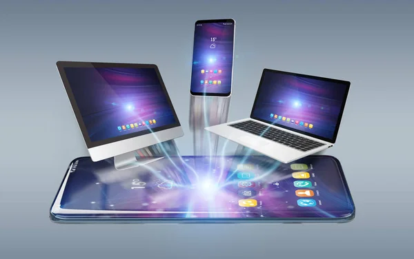 Modern Devices Connected Each Other Grey Background Rendering — Stock Photo, Image