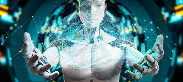 Homem Branco Humanóide Fundo Borrado Criando Inteligência Artificial Renderização — Fotografia de Stock