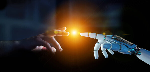 White cyborg finger about to touch human finger on dark background 3D rendering