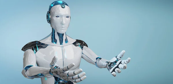 Witte Mannelijke Cyborg Openen Zijn Twee Handen Geïsoleerd Blauwe Achtergrond — Stockfoto
