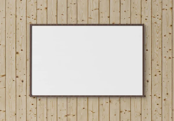 Black Rectangular Horizontal Frame Hanging Wood Textured Wall Mockup Rendering — Stock Photo, Image