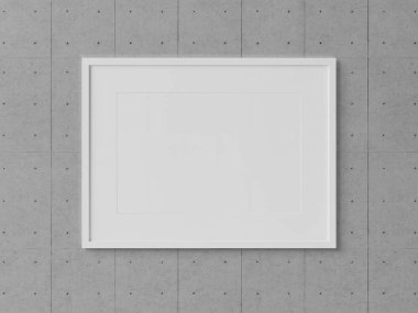 Beton dokulu duvar mockup 3d render üzerinde asılı beyaz dikdörtgen yatay çerçeve