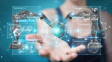 İşkadını robotik kol ile dijital ekran 3d rendering kullanarak arka plan bulanık üzerinde