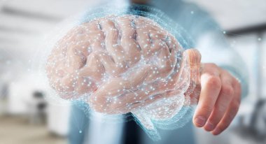 İnsan beyninin 3d render Dijital 3d projeksiyon kullanarak arka plan bulanık üzerinde işadamı