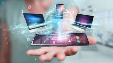 Modern cihazlarla 3d render iş kadını elinde birbirine bağlı