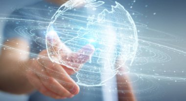 İşadamı üzerinde küre ağ hologram Avrupa ile harita 3B oluşturmayı kullanarak arka plan bulanık