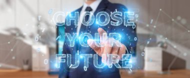 İşadamı gelecek metin arabirimi 3d rendering kullanarak arka plan bulanık üzerinde