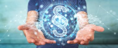 İşadamı hukuk paragraf dijital hologram 3B oluşturmayı kullanarak arka plan bulanık üzerinde