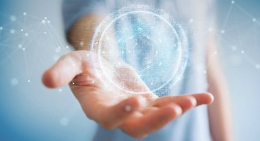 İşadamı dijital küre bağlantısı hologram 3B oluşturmayı kullanarak arka plan bulanık üzerinde