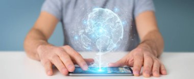 İşadamı üzerinde küre ağ hologram Amerika ABD harita 3d render ile kullanarak arka plan bulanık