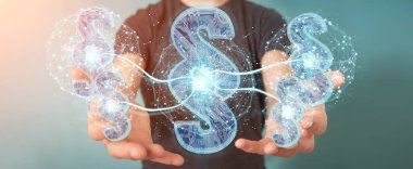 İşadamı 3d işleme dijital paragraf hukuk simgesini kullanarak arka plan bulanık üzerinde