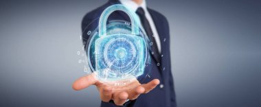 Arka plan bulanık 3d render üzerinde işadamı tarafından kullanılan web güvenlik koruma arayüzü