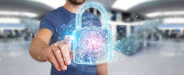 Arka plan bulanık 3d render üzerinde işadamı tarafından kullanılan web güvenlik koruma arayüzü