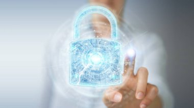 İşkadını bulanık arka planda 3d render tarafından kullanılan web güvenlik koruma arayüzü