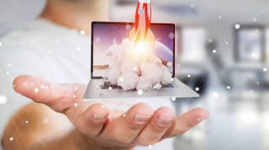 İşadamı üzerindeki bir laptop 3d render roket başlatılması ile arka plan bulanık