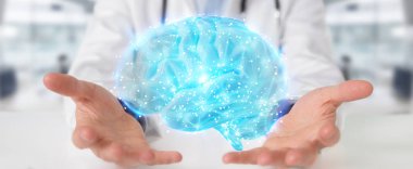 Dijital beyin taraması hologram 3B oluşturmayı kullanarak arka plan bulanık doktor