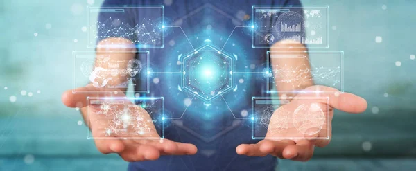 Affärsman Suddig Bakgrund Digitala Skärmar Gränssnittet Med Hologram Datas Rendering — Stockfoto