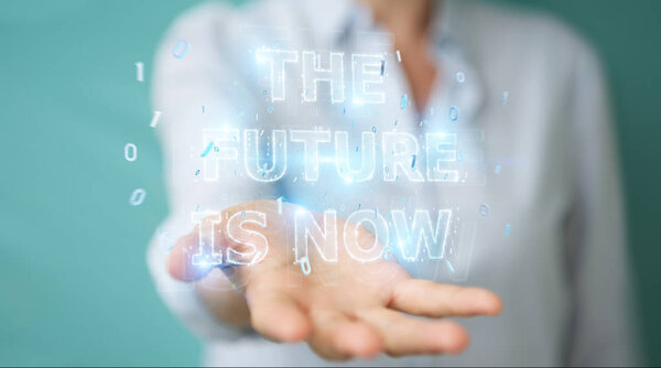 Businesswoman on blurred background  using future text interface 3D rendering